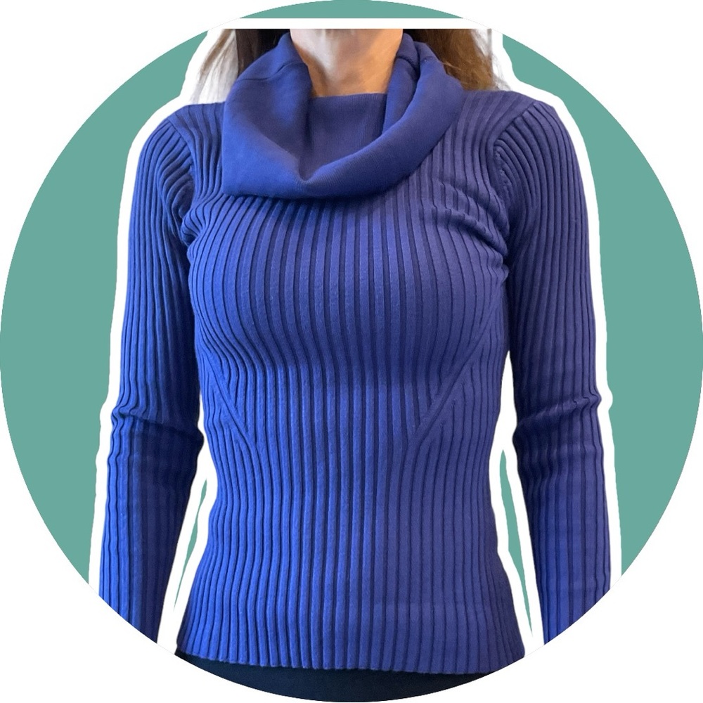 Cowl Neck Sweater, blue, soft, stretchy for multi size fit, w/ sunscreen, Sz S